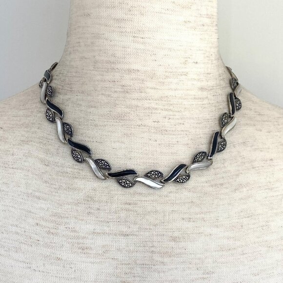 Sterling Silver 925 DBJ Dee Berkley Marcasite Mother Of Pearl Onyx Necklace 16